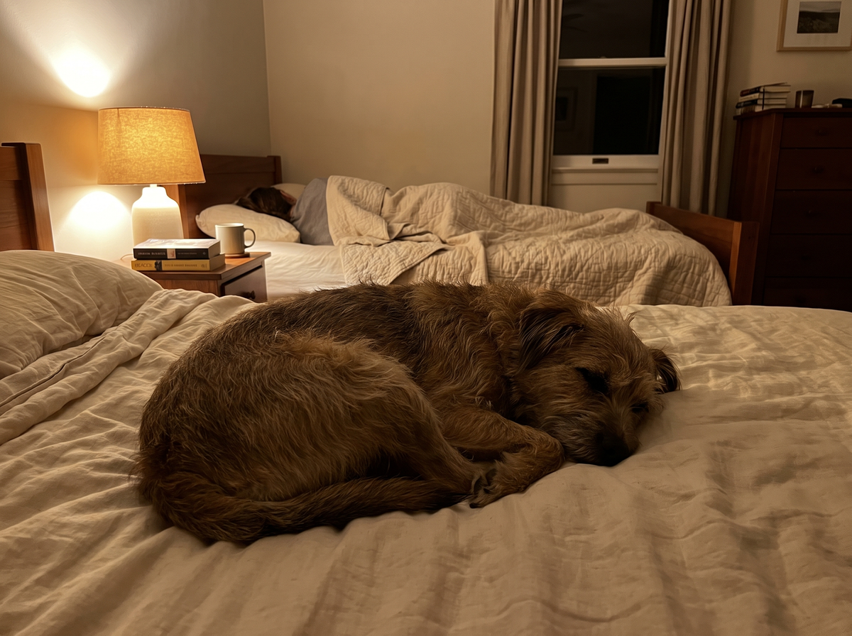 Dog sleeping peacefully at the foot of a bed