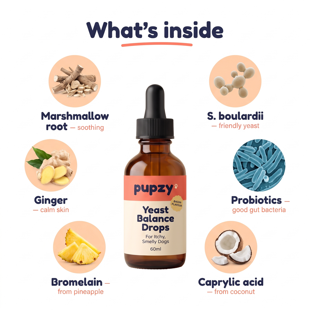 What's inside: S. boulardii, probiotics, caprylic acid, bromelain, ginger, marshmallow root