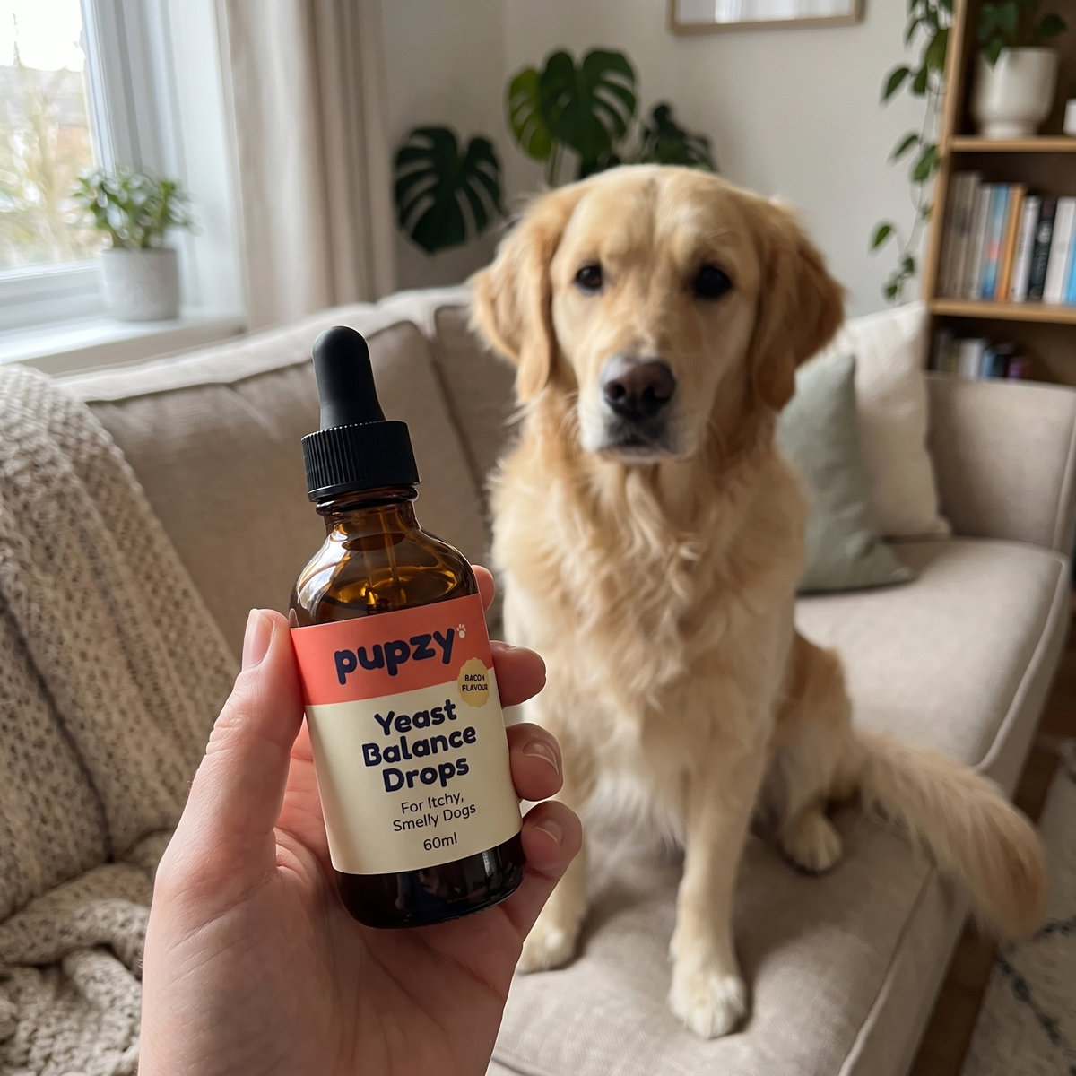 Golden retriever looking at a bottle of Pupzy drops