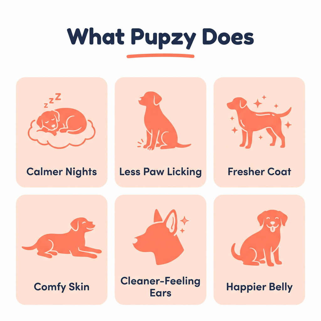 What Pupzy does: calmer nights, less paw licking, fresher coat, comfy skin, cleaner-feeling ears, happier belly