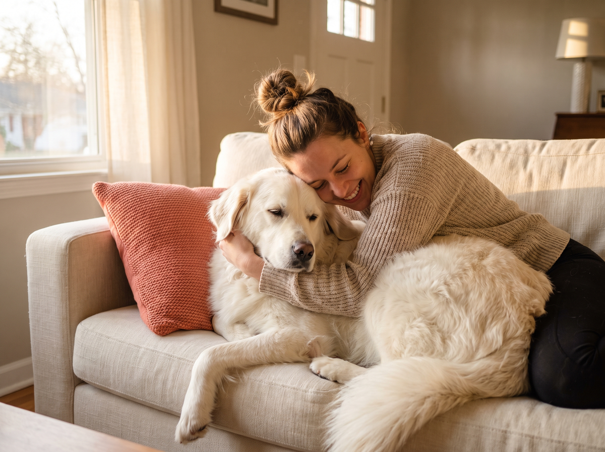 Woman hugging her dog on the sofa