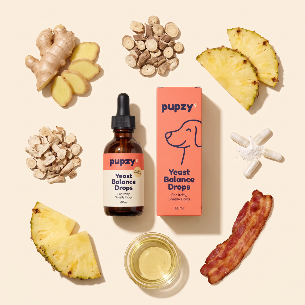 Pupzy bottle and box surrounded by its ingredients