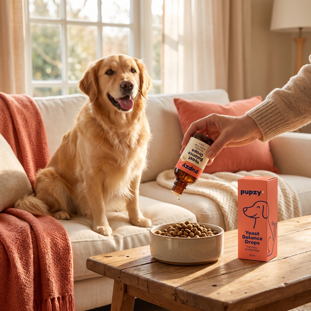 Owner adding Pupzy drops to a golden retriever's food