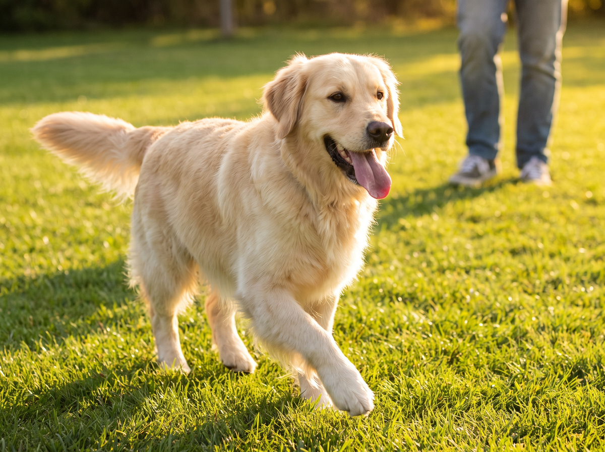 Happy dog running on grass